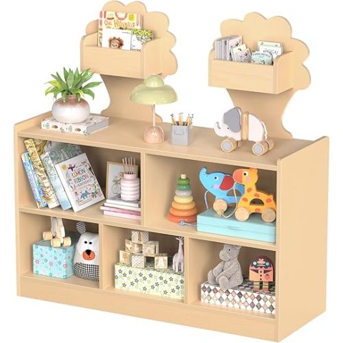 Acenova Montessori Toy Storage Shelf with 7 Compartments, Wooden Montessori Bookshelf and Toy Storage with Tree Design, Nursery Book Shelf for Kids, Classroom Furniture Shelves Organizer, Birch Wood
