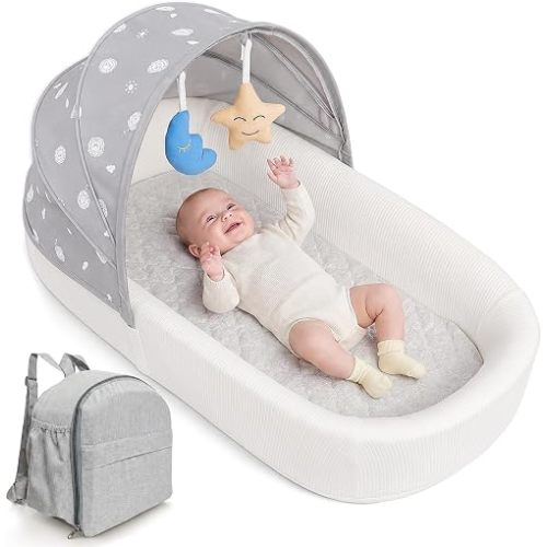 Portable Newborn Nest Lounger with Canopy & Mosquito Net-Lightweight Foldable Newborn Play Support & pad and Washable Cover, Indoor-Outdoor Use (Grey)