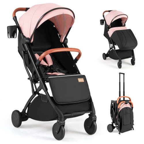Costway Lightweight Baby Stroller with One-Hand Folding, Extendable Canopy, Storage Baske Pink