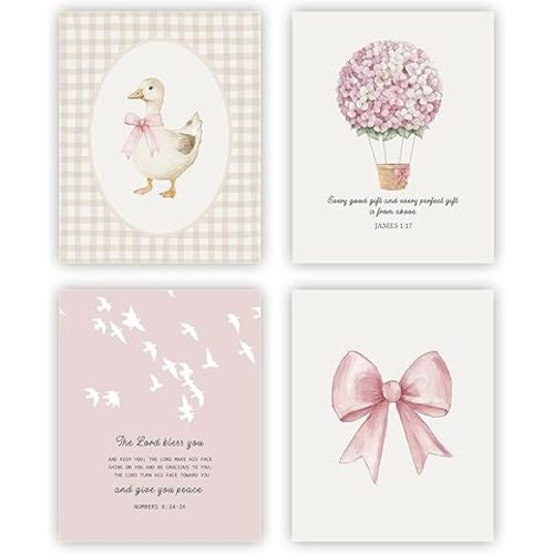heilkee Pink Nursery Decor for Girls Cute Bow Theme Bedroom Christian Wall Art Girl Nursery Bible Verse Artwork Set of 4(UNFRAMED 8x10in)