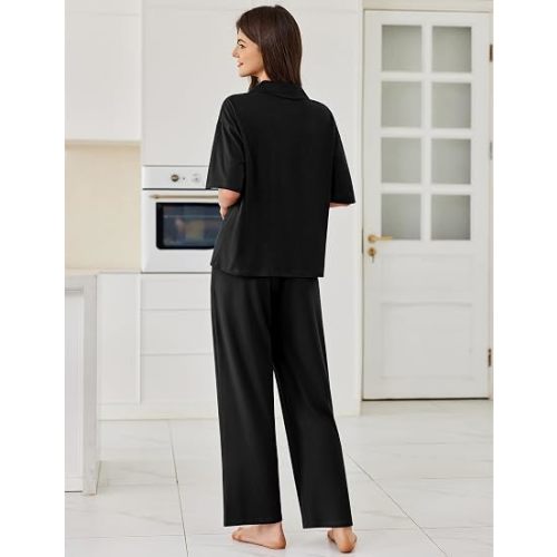Ekouaer Women Pajamas Set Button Down Sleepwear Short Sleeve Pjs Soft Comfy Nightwear with Long Pants (M)
