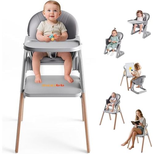CoziBB Baby High Chair, 6 in 1 Convertible Growing Baby Highchairs for Babies and Toddlers, Baby Chair with Adjustable Dining Tray and Seat, 5-Point Safety Belt, Grey