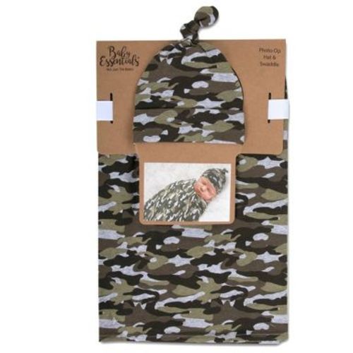 Baby Essentials Swaddle Blanket and Knot Cap - Camo