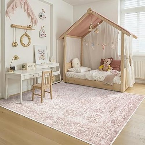 5x7 Washable Area Rug for Living Room & Bedroom, Large Light Pink Rugs for Women, Non Slip, Durable Low Pile Carpet, Vintage Carpets for Office, Dining Room, Kids Room and Farmhouse