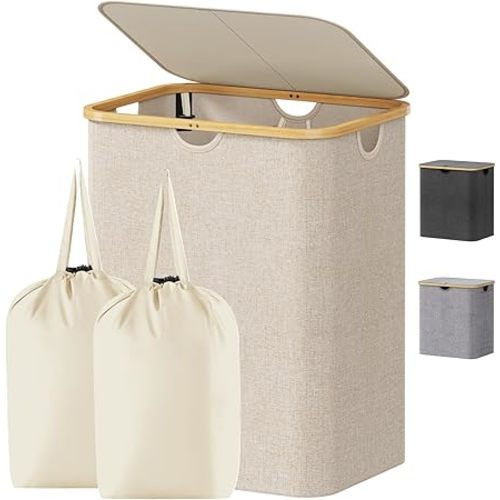 Lifewit 120L Laundry Basket with Lid, Clothes Hampers for Laundry with Bamboo Handles and 2 Removable Bag, Large Foldable Laundry Hamper for Bedroom, Bathroom, Dorm, Laundry Room, Beige