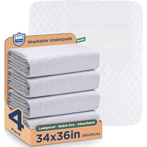 Waterproof Reusable Incontinence Bed Pads Washable Incontinence Underpads 8 Cups Absorbency,Mattress Protector for Adults, Kids and Pets(34”x 36” inch 4 Pack)