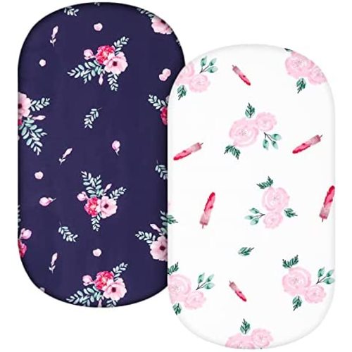 TILLYOU Silky Soft Breathable Bassinet Sheets Fitted for Baby Boy Girl, Compatible with Brands’ Basinette Bedside Co-Sleeper Lounger Cradle Oval Rectangle Hourglass Mattress, 2-Pack Floral Flowers