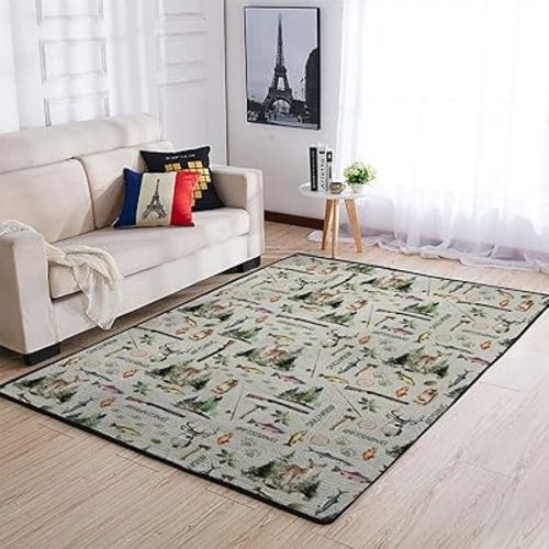Fishing Hunting Nursery Area Rugs for Baby Girl Boy Bass Fish Deer Paws Green Forest Kids Throw Mats for Bedroom Classroom Playroom Décor Nature Hunting Animals Floor Carpet 36x60inch