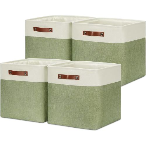 DULLEMELO Storage Baskets for Organizing, Linen Closet Organizers and Storage Baskets for Dog Toy Box, 13 Inch Decorative Cube Storage Bins with handle for Baby Gift Basket(4 Pack - 13" White&Green)