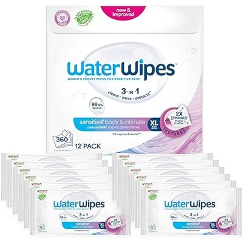 WaterWipes Sensitive Whole Body Cleansing Wipes, 99.9% Purified Water, XL Textured Wipes, Incontinence Care, Fragrance Free, 360 Count (12 Packs)