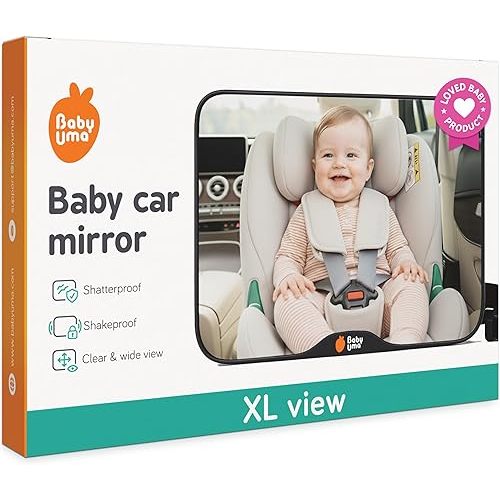 Baby Uma Baby Car Mirror - Clear-View Shatterproof Car Mirror for Baby, Easy On 'n Off with Stay-Put Buckles Newborn Essentials (9.4 x 6.4 in)