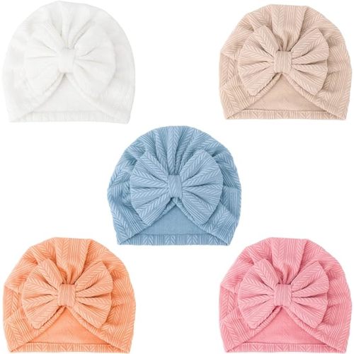 DRESHOW BQUBO 5 Pieces Newborn Baby Turban Hats Bow Baby Infant Beanie Breathable Toddler Cap for Baby Girls