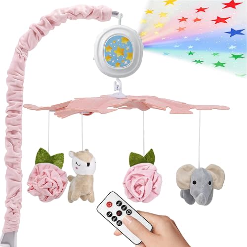 Baby Crib Mobile with Rotating Frame, Music Star Projection Night Light & Remote Control, 4 Plush Hanging Ornaments, Baby Mobile for Crib Toys, Nursery Newborn Infant Girls Gift Toys