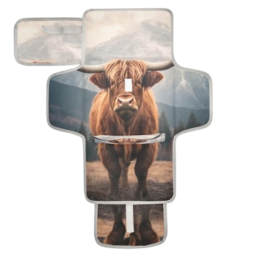 WELLDAY Highland Cow Portable Diaper Changing Pad - Waterproof Foldable Baby Diaper Changing Pad with Built-in Pillow, Travel Diaper Changing Mat for Newborn Baby