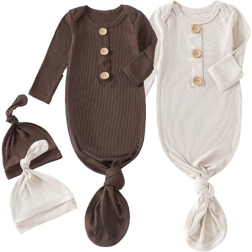OPAWO Knotted Gown Baby Newborn Sleepers Baby Boy Coming Home Outfit, Bamboo Viscose Baby Gowns with Mitten Cuffs and Hat Set