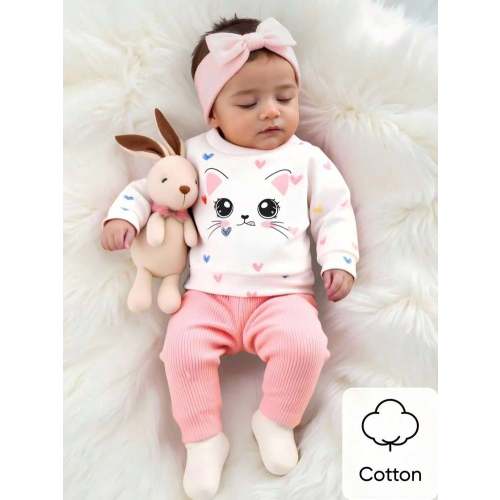 Newborn Baby Girl's White Sweater With Printed Cat Pattern Long-Sleeved Top Matched With Pink Striped Pants 2-Piece Set. Fashionable And Cute Cartoon Style, Comfortable Fabric, Suitable For Photography And Outdoor Activities Fall Winter | SHEIN USA