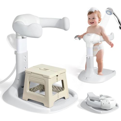 Orzbow Baby Shower Stand, Collapsible Baby Bath Stand with Foldable Chair, Adjustable Height Toddler Shower Standing Support for Infant 6-36 Months, Anti-Slip Base, Easy-Use, Gray