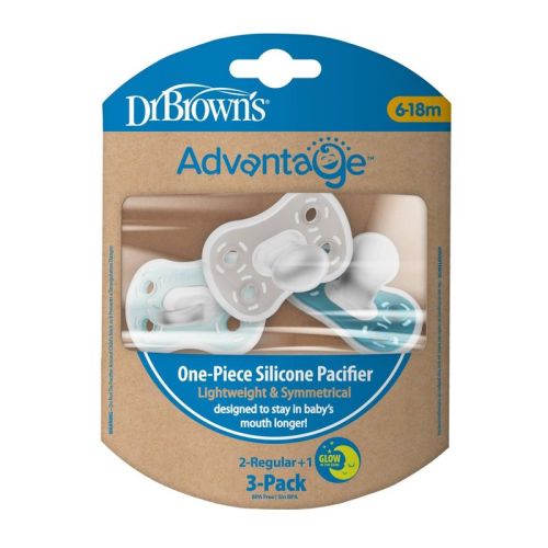 Dr. Brown's Advantage One-Piece Lightweight Silicone Pacifier Stage Two, with one Glow-in-the-Dark Pacifier - 3pk