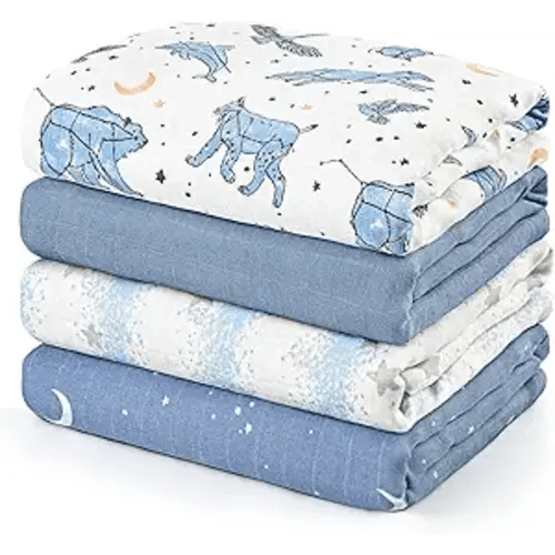 GLLQUEN BABY Muslin Swaddle Blankets 4-Pack Breathable Receiving Blankets (35" x 40") Soft Baby Blankets for Girls and Boys Newborn Essentials Muslin Burp Cloths Swaddle Wrap Baby Gift(Star)