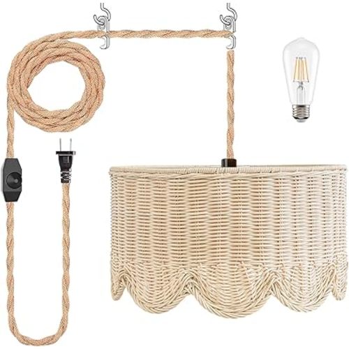 13" Plug in Scalloped Pendant Light, Rattan Hanging Lights with Plug in Cord 15FT Hemp Rope Cord, Dimmable Switch – Indoor Hanging Lamps for Boho Living Room Bedroom (Bulb Included)