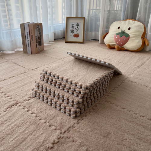 Interlocking Carpet Shaggy Soft EVA Foam Mats Fluffy Square Thickened Plush Tiles Protective Floor Tiles Exercise Play Mat for Children Kids Room Home Parlor Bedroom (Light Coffee, 12 Pcs)