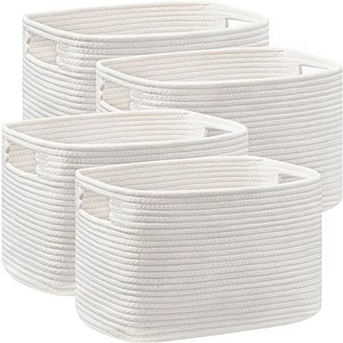 UBBCARE 4 Pack Storage Baskets for Organizing, Shelf Baskets with Handles, Woven Storage Baskets for Bookcase/Cube Shelf/Closet, 14.5"L x 9.8"W x 9"H, White