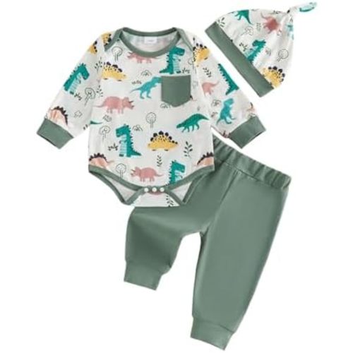 Newborn Baby Boy Fall Outfit Romper Long Pants Hat Set 0-18M
