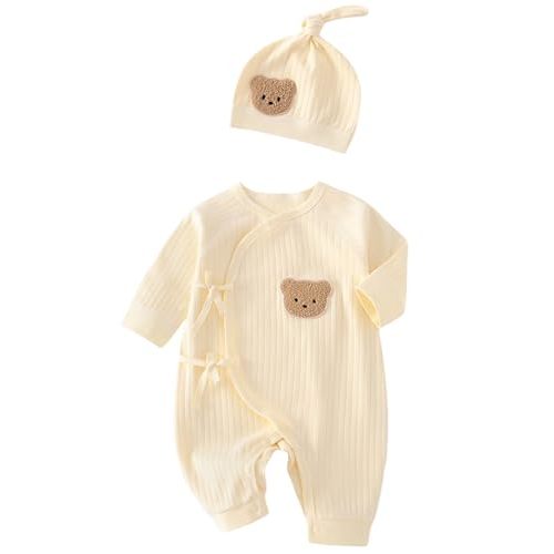 Ganwawo Baby Ribbed Romper and Hat Set with Bear Applique, 100% Cotton Infant Bodysuit, White, Long Sleeve