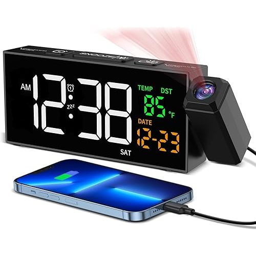 Netzu Projection Clock for Bedroom Ceiling, Alarm Clocks with 180° Rotatable Projector, Date Temperature and Weekday, Manual DST, 5 Brightness, 10 Ringtones, 4 Volumes and Snooze (Black)