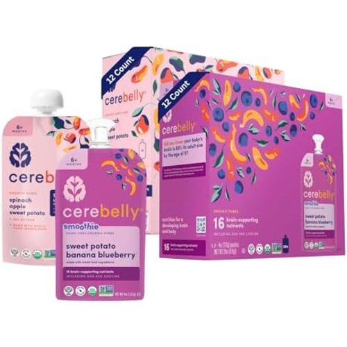 Cerebelly Baby Food Pouches, Veggie Purees for Toddlers, No Added Sugar, Fiber, Non-GMO, 4 Ounce BPA-Free, Sweet Potato Blends, 24 Count