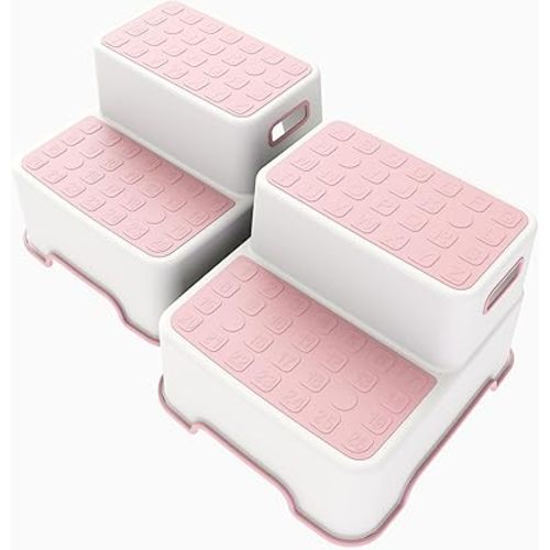 Toddler Step Stool for Bathroom Sink, 2 Pack Step Stool for Kids, Plastic Potty Training Toilet Stepping Stools, Child and Baby Lightweight&No-Slip Two Step Stools for Kitchen - Pink