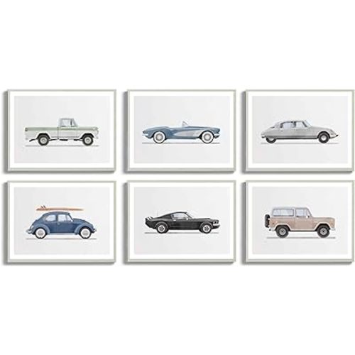 ZLYARTMP 6Pcs Nursery Car Wall Art Vintage Racecar Canvas Pictures Baby Room Supercars Wall Decor Kids Room Watercolor Car Paintings Prints Retro Vehicle Posters For Boys Bedroom Decor Unframed