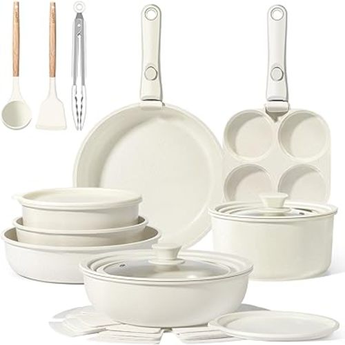 GiPP Ceramic Pots and Pans Set Non Stick, Nonstick Detachable Handle Cookware Sets, Healthy Non Toxic PFAS PFOA & PTFE Free, Dishwasher &Oven Safe, Induction Kitchen Pot and Pan, 21 Piece Cream