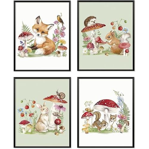 Locomiss Mushroom Forest Animals Wall Art Decor, Set of 4, 8x10 Unframed