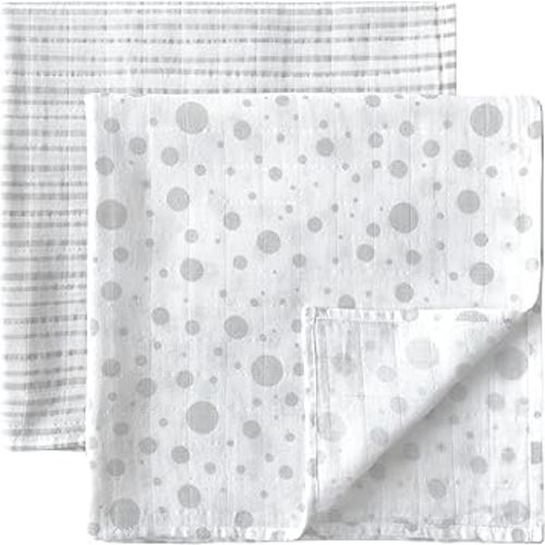 MOZAH Organic Muslin Swaddle Blankets - Stripes & Dots - 2 Pack - for Baby Boy or Girl - Ideal for Newborns, Toddlers & Registry Essentials
