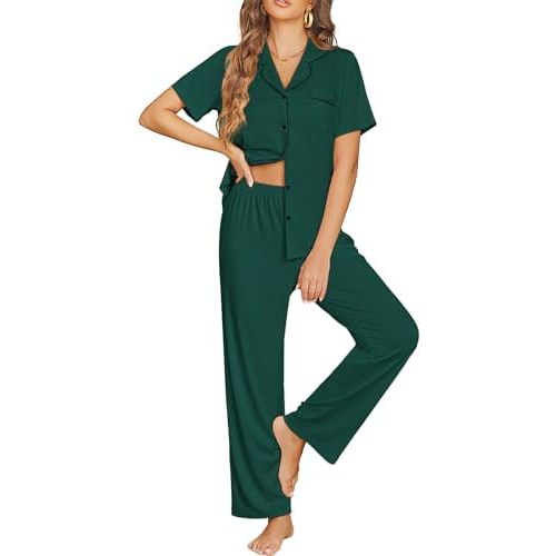 Ekouaer Womens Pajama Sets Button Down Pjs 2 Piece Short Sleeve Sleepwear with Pants Soft Loungewear