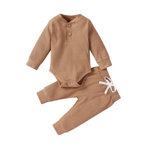 Ulanda Toddler Baby Boy Girl Clothes Outfits Ribbed Long Sleeve Pullover Sweatshirts Pants Newborn Girl Outfit Set (Coffee, 12-18 Months)