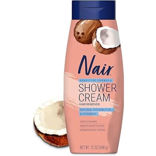Nair Sensitive Shower Cream Hair Remover with Natural Coconut Oil and Vitamin E, Body Hair Removal Cream, 12 oz