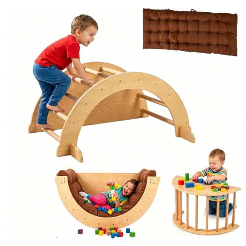 Costzon 6-in-1 Kids Wooden Climbing Arch Rocker with Cushion | Montessori Climbing Toys for Toddlers, Children Indoor Sensory Table Climbing Gym Playset, Arch Climber Ladder for Kids Gift