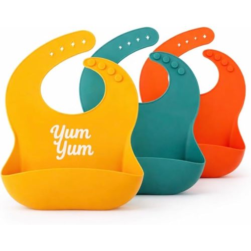 Baby Silicone Bibs 3 Pack, Waterproof BPA-Free Bib for Babies and Toddlers 6-36 Months, Food Catcher Pocket, Adjustable Reusable Feeding Accessory, Easy Clean Baby Led Weaning Essential