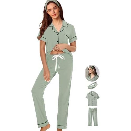 3Pcs Soft Pajama Sets For Women XS-XXL Womens Pajamas Set Sleepwear Button Down Short Sleeve Long Pants Pj sets