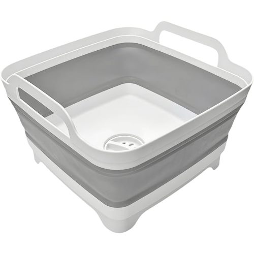 Collapsible Wash Basin 9L, Foldable Dish Tub with Drain Plug, Portable Collapsible Dish Basin, Camping Sink for Washing Dishes, Laundry & Kitchen Use,Gray