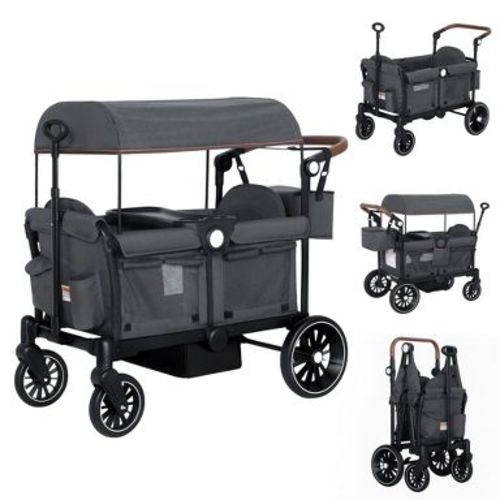 Kinder King All-Terrain Stroller Wagon for 2 Kids with Canopy, Shock-Absorbing Wheels, Storage Bag, Snack Tray & Adjustable Leather Handle, Black
