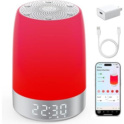 Smart Red Light Therapy Lamp & Sleep Sound Machine for Bedroom with Alarm Clock, 32 White Noises Sound Machine, Night Light with App Control, 5-Level Red Light (620–690nm), 2600mAh Battery（Large）