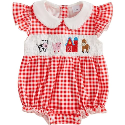Newborn Baby Girl Romper Farm Outift Animals Embroidery Smocked Onesie Ruffle Plaid Bodysuit Country Summer Clothes