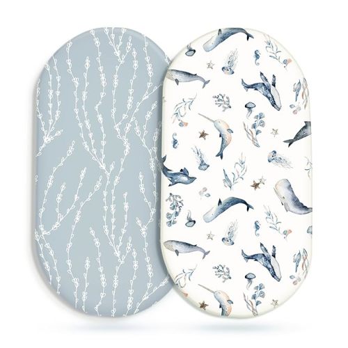 Stretchy Ultra Soft Fitted Bassinet Sheet Set 2 Pack, Universal Fit for Bassinets Baby Cradle Moses Basket Oval Rectangle Mattress Safe and Snug, Sea Fish Print