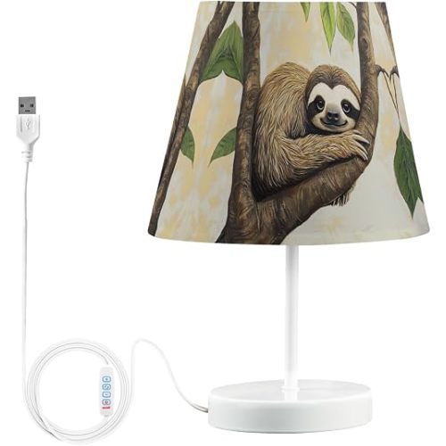 3-Color Dimmable LED Table Lamp, Tree Branch Lovely Sloth Linen Shade Large 12" Bedside Nightstand Light with USB Port Gift for Home Desk Bedroom Room Cafe