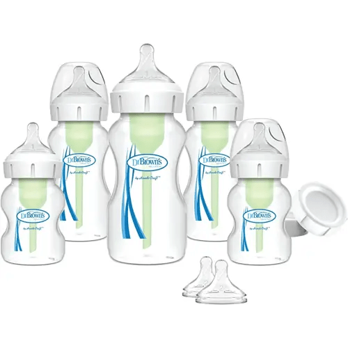 Dr. Brown's Natural Flow Anti-Colic Options+ Wide-Neck Baby Bottle Newborn Feeding Set with Baby Bottle Travel Caps