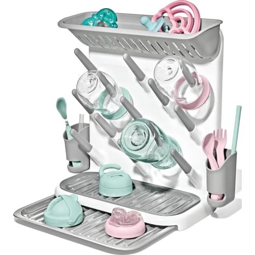 OXO Tot Expandable Baby Bottle Drying Rack, Space-Saving | Expandable Drying Rack For Baby Bottles, Saves Counter Space, Fits Newborn And Breastfeeding Accessories, Drip Tray Included