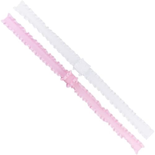 Wee Ones Baby Girls' Two Stretch Ruffle Edge Satin Add-A-Bow Baby Head Bands - White and Light Pink (6-24 months)
